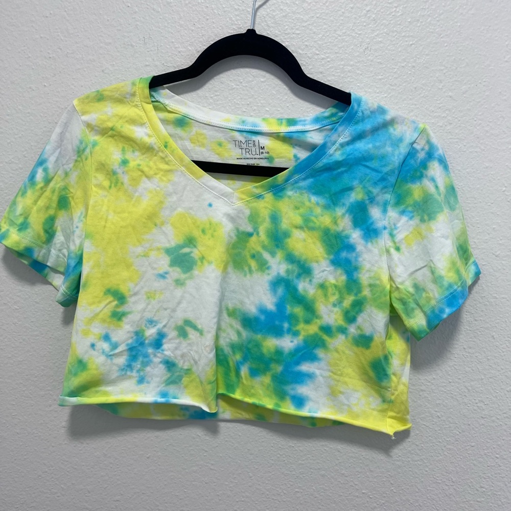 Time & Tru White Blue Yellow Green Tie Dye Crop Top Size Medium